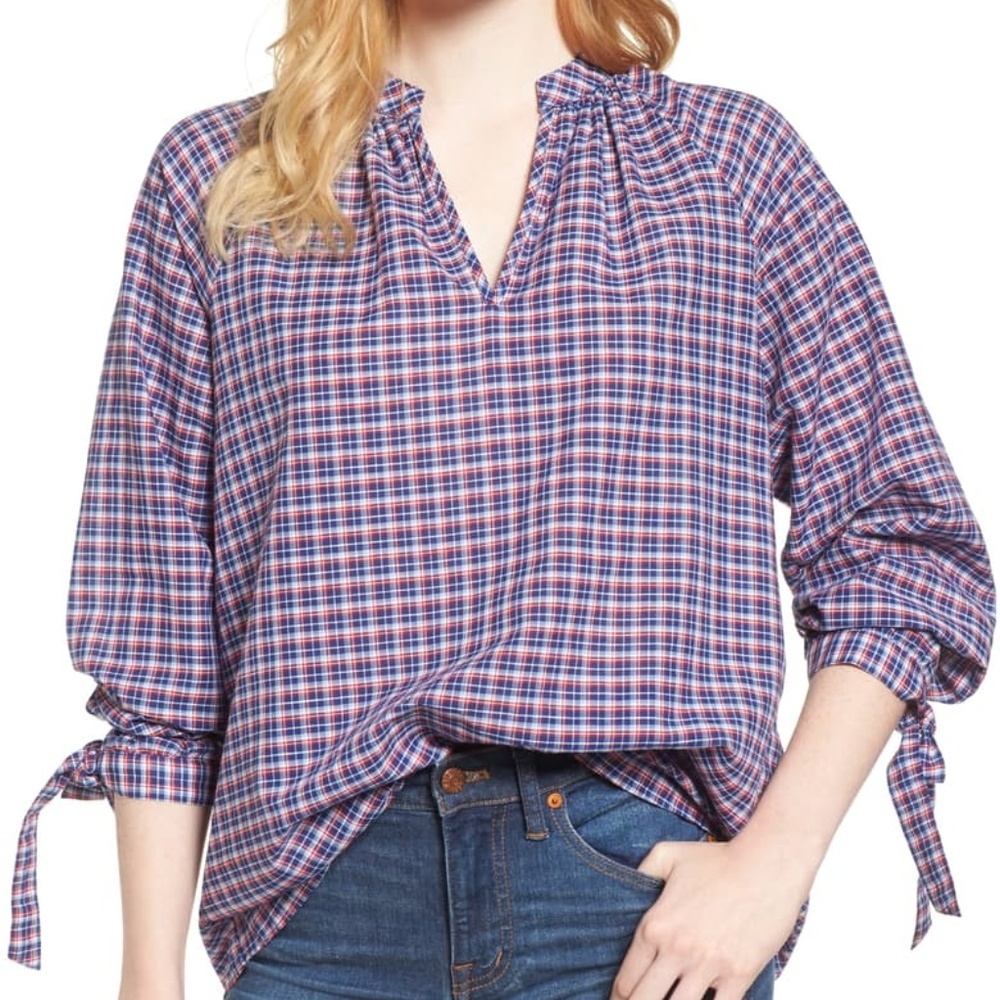 Madewell Plaid Sleeve Popover Top